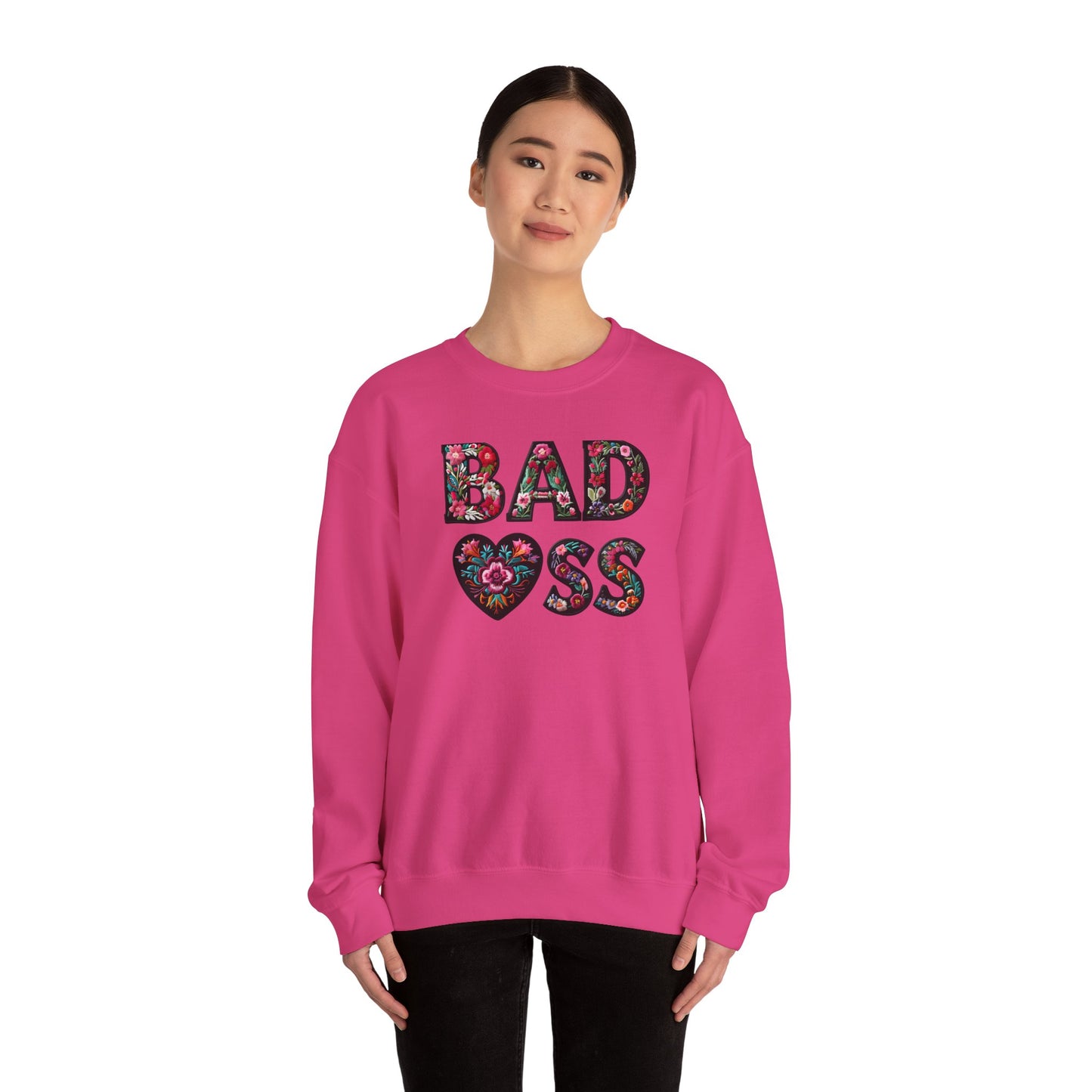 Floral 'BAD ASS' Unisex Crewneck Sweatshirt, Cozy Gift for Strong Women, Perfect for Casual Wear, Birthdays, Self-Love