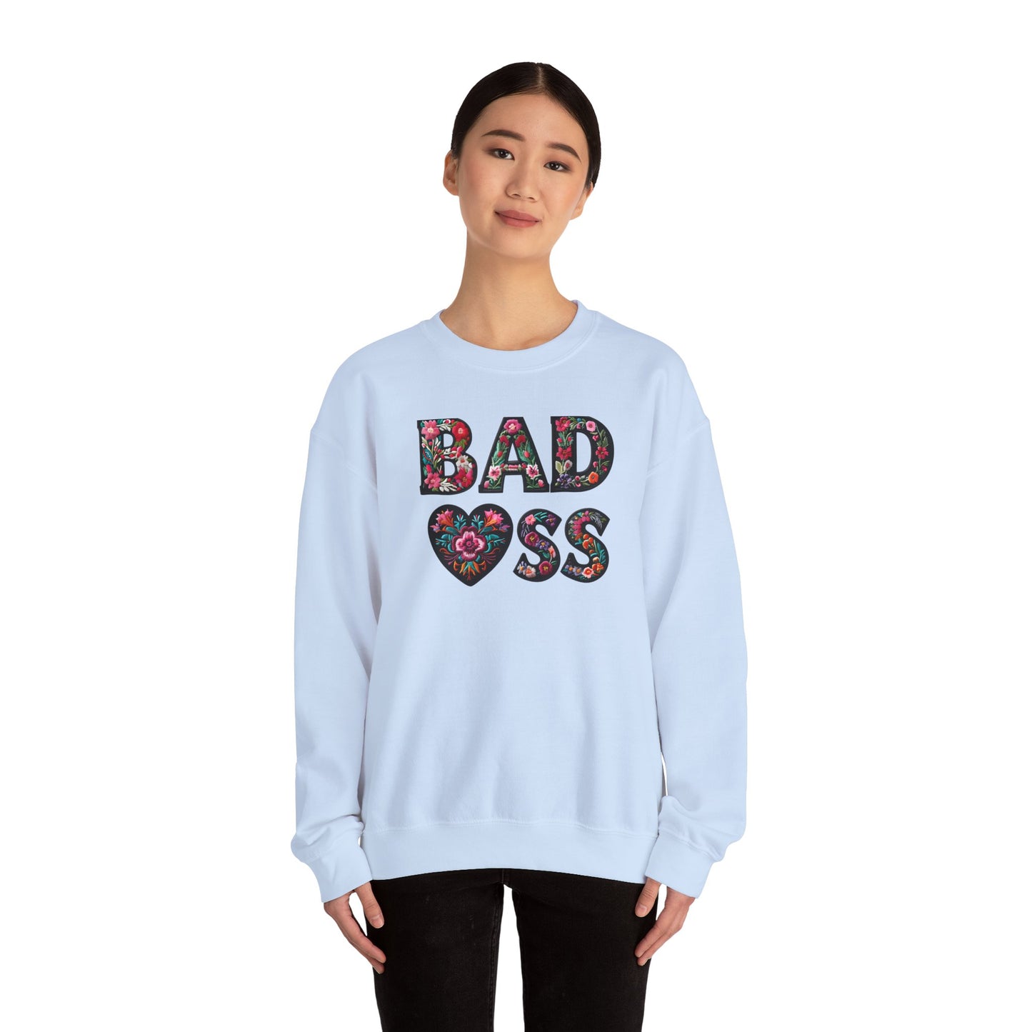 Floral 'BAD ASS' Unisex Crewneck Sweatshirt, Cozy Gift for Strong Women, Perfect for Casual Wear, Birthdays, Self-Love