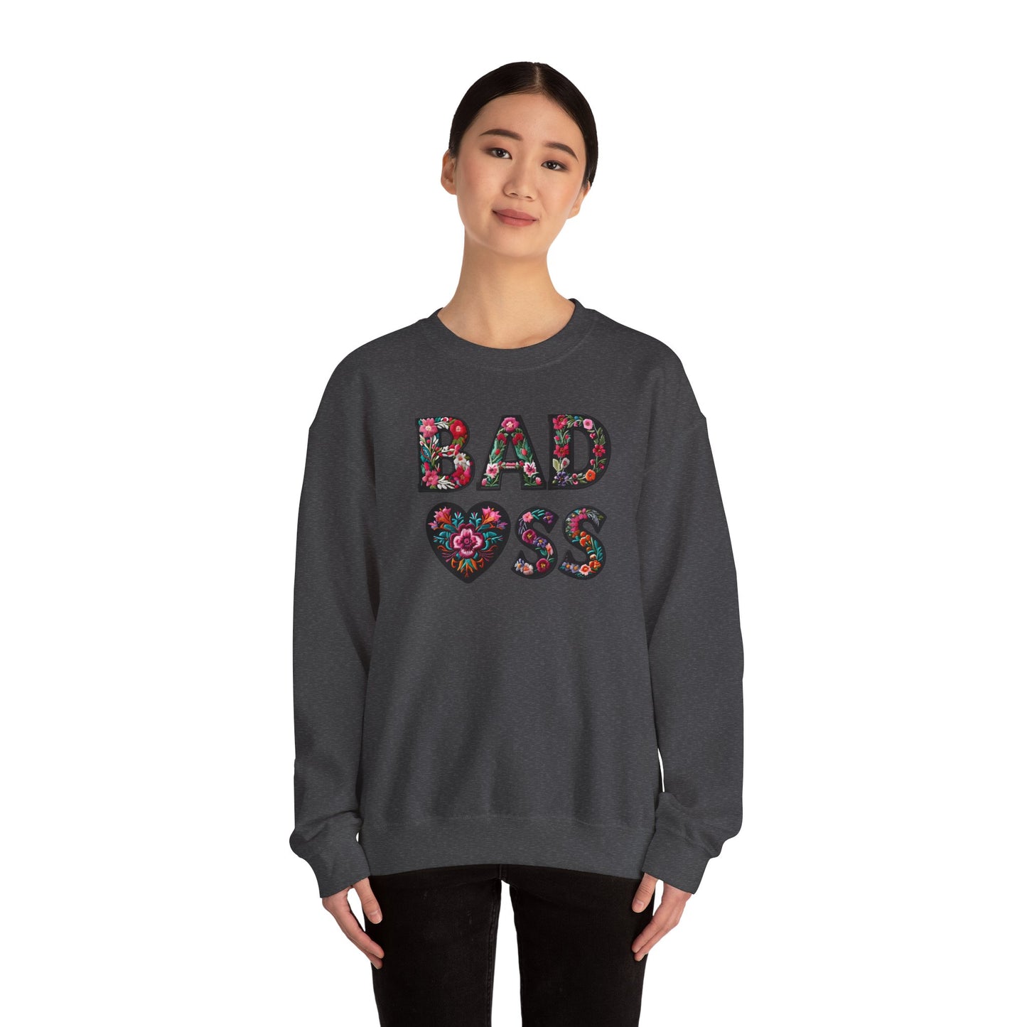 Floral 'BAD ASS' Unisex Crewneck Sweatshirt, Cozy Gift for Strong Women, Perfect for Casual Wear, Birthdays, Self-Love