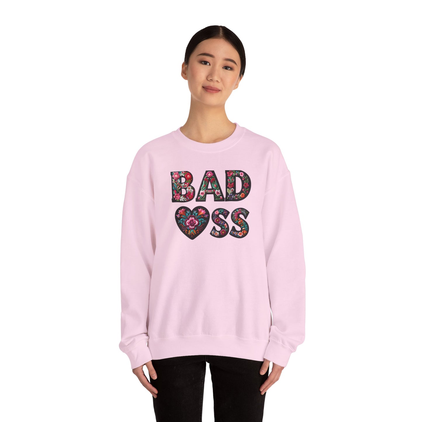 Floral 'BAD ASS' Unisex Crewneck Sweatshirt, Cozy Gift for Strong Women, Perfect for Casual Wear, Birthdays, Self-Love