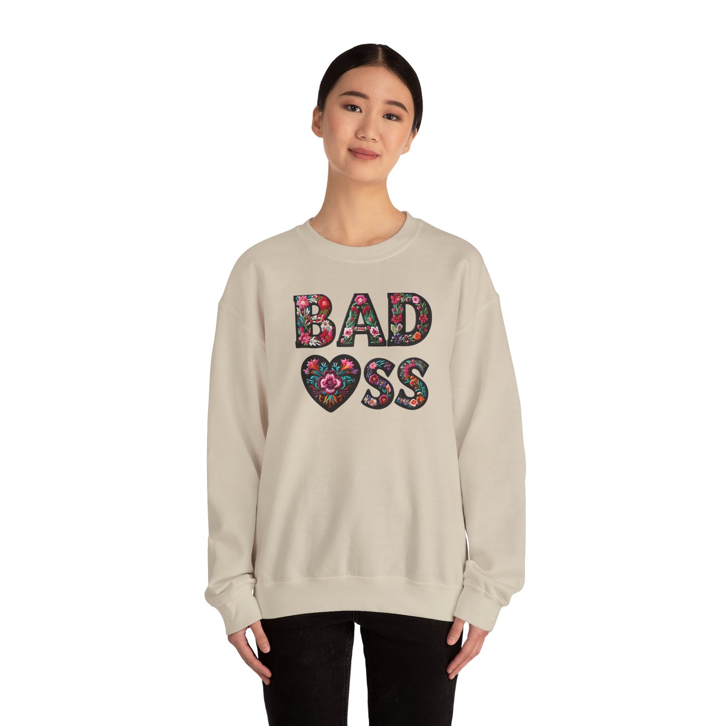 Floral 'BAD ASS' Unisex Crewneck Sweatshirt, Cozy Gift for Strong Women, Perfect for Casual Wear, Birthdays, Self-Love