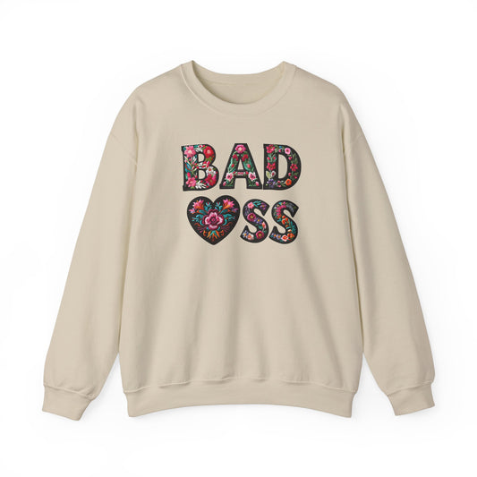 Floral 'BAD ASS' Unisex Crewneck Sweatshirt, Cozy Gift for Strong Women, Perfect for Casual Wear, Birthdays, Self-Love